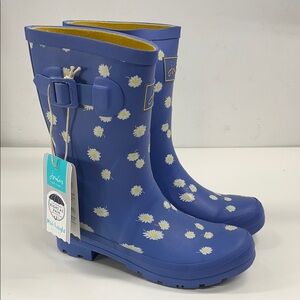 New Joules Molly Welly Mid- Height Rain Boots in Blue Daisy Size 7